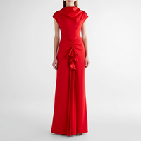 Gaun Maxi Formal Wanita Merah dengan Kerah Draped, Lengan Pendek, Pinggang Berkerut, dan Bagian Depan Draped untuk Acara Spesial