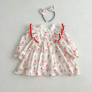 Fascia per capelli comoda in cotone a maniche lunghe per bambini bambini Party Wear dolce vestito a fiori per ragazze