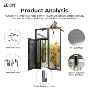 Fenêtre en aluminium CE ZEKIN Allemagne pour villa, avec verre trempé, isolation thermique, <span class=keywords><strong>porte</strong></span> d'entrée écoénergétique, autres fenêtres fixes - Product Image 2