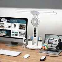 Lampe de bureau LED pliable à double tête OEM, moderne, alimentée par batterie DC, intensité réglable, en plastique ABS blanc, avec ventilateur et porte-stylo – Offre Spéciale