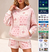 Ensemble sweat à capuche et short surdimensionné à manches longues avec logo personnalisé, imprimé floral patchwork rose pour femme