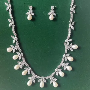 Set perhiasan mutiara pernikahan mewah, set kalung mutiara air tawar zirkon kubik mewah