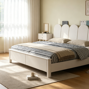 Minimalist White Queen Size Storage Bed <b>Frame</b> with Fabric Upholstery and Wooden Panel Design - Product Image 4