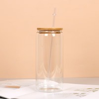 Gobelet à bière en verre borosilicate transparent de 16 oz avec paille, design moderne, couvercle en bambou à ouverture par poussée, résistant à la chaleur, pour fruits