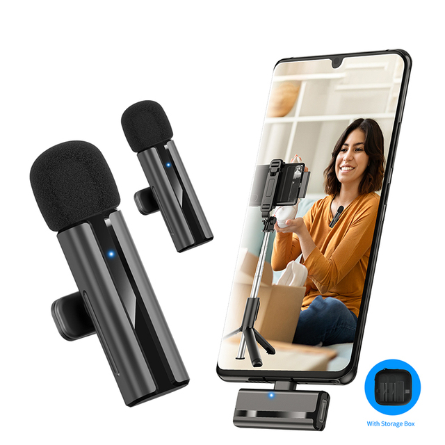 H02 Wireless Lavalier Microphone, Noise Cancelling, Reverb, Dual Interfaces, Portable Storage Box for Live Streaming Vlogging