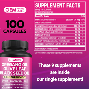 OEM Orégano, Alho, Folha de Oliveira, Semente Negra + 5 Outros Ingredientes, 100 Cápsulas, Suplemento de Óleo de Semente Negra e Sabugueiro - Product Image 4