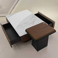 Mesa de Centro Moderna Multifuncional con Dos Cajones, Acabado en Madera PVC, Superficie de Piedra Microcristalina y Mesa Auxiliar a Juego