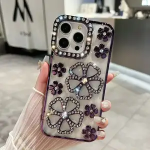 Meisjes Vrouwen 3d Luxe Bling Sparkle Glitter Diamant Mobiele Case Crystal Flower Beschermhoes