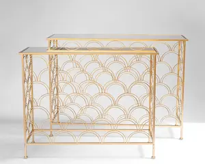 황금 철 직사각형 테이블 스테인레스 스틸 강화 유리 상단 콘솔 테이블 거울