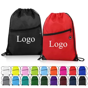 Personalizado Promocional Nylon Bag Drawstring Com Zíper Frontal Bolso E Fone De Ouvido Buraco Drawstring Nylon Bag Mochila