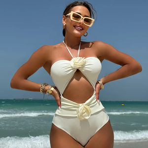 Traje de Baño de Una Pieza con Estampado Floral 3D en Color Sólido, Nuevo Modelo con Cuello Halter, Gran Venta - Product Image 1