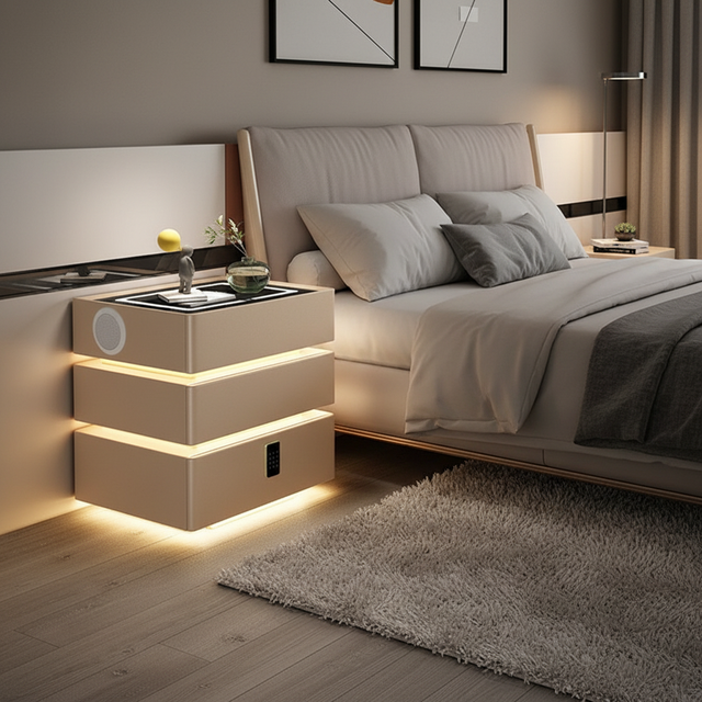 Discount Offers Simple Cream Style Solid Wood Floating Three-Drawers Wireless Charging Password Lock Tall Smart Bedside Table