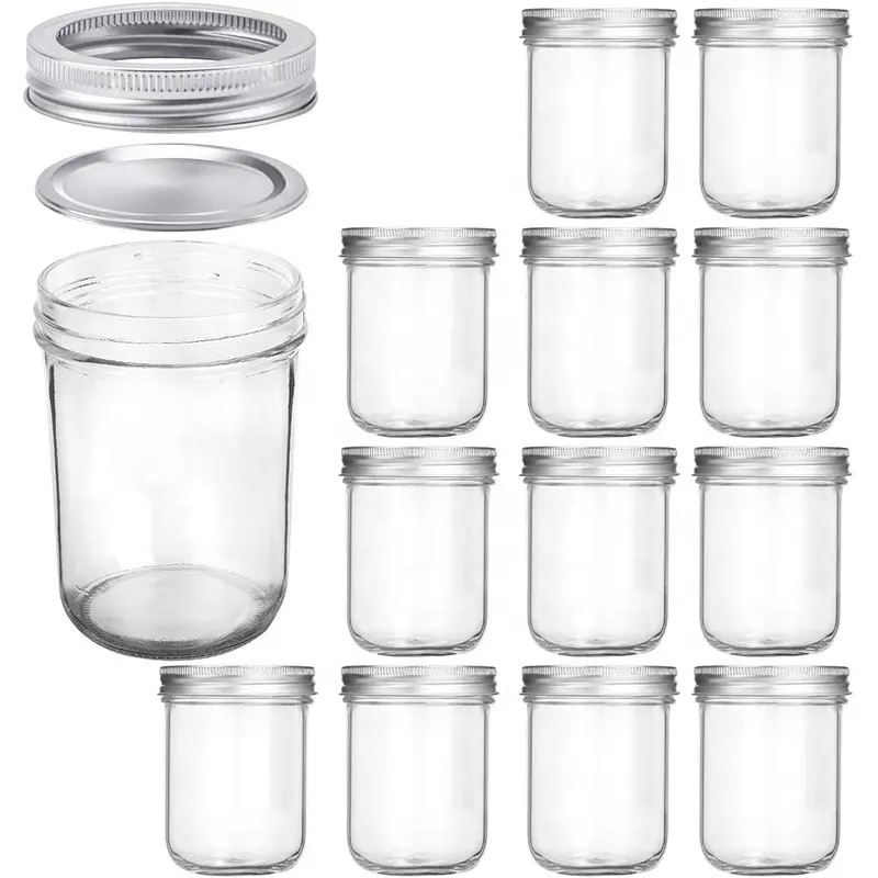 Di alta qualità di vetro canning vasi con coperchio in argento 16 oz bocca larga muratore vaso di vetro set BPA Free & Trasporto di Cibo sicuro in massa