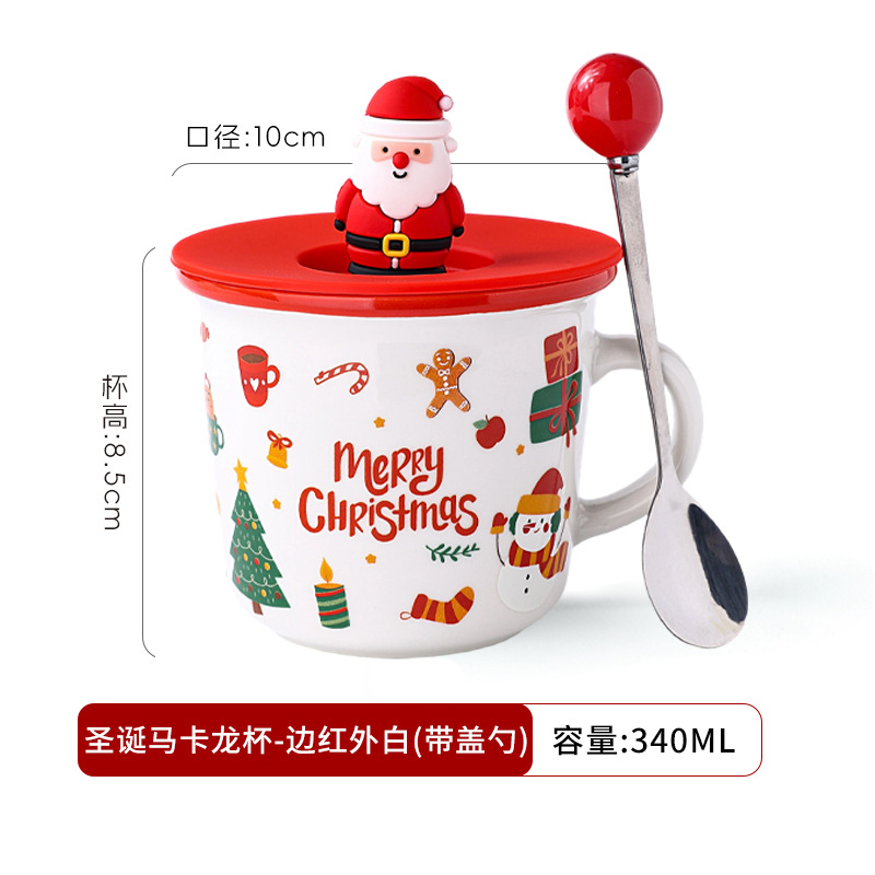 Tasses à macarons de Noël (bords rouges, côtés blancs) avec couvercle en silicone et cuillère rouge