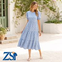 Robe d'été mi-longue Zesheng personnalisée pour femme, motif floral à pois, style bohème, manches bouffantes, taille naturelle, fluide, décontractée, pour la plage et les vacances