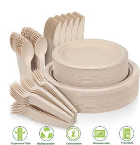Wholesale Environmentally Friendly <b>Disposable</b> Tableware Set Degradable Bamboo Fiber Bagasse <b>Plate</b> Bowl Knife Fork Spoon Parties - Product Image 2