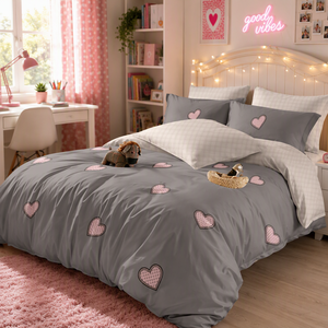 Poland Stock Playful Heart <b>Bedding</b> <b>Set</b> <b>Grey</b> <b>Pink</b> Quilt Cover for EU Dropshipping Soft Polyester Bed Linen - Product Image 5