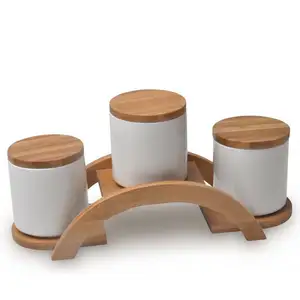 Conjunto de potes de tempero de cozinha, conjunto de potes de tempero de cerâmica moderno vintage para cozinha, com bandeja de madeira e tampa