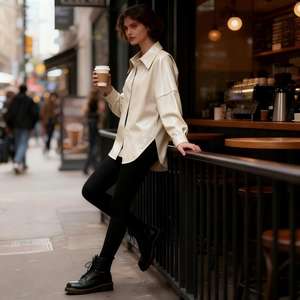 Chaqueta Camisa Extra Grande de PU para Mujer en Negro/Blanco Roto - <span class=keywords><strong>Abrigo</strong></span> Informal para el Trabajo con Dobladillo Irregular - Product Image 6