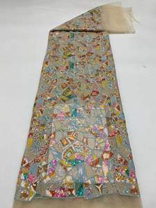 <span class=keywords><strong>Ancho</strong></span> <span class=keywords><strong>130</strong></span> cm Poliéster Lentejuelas coloridas Bordado geométrico Tela de malla Tela de encaje de tul pesado para vestido de novia Cheongsam - Product Image 4