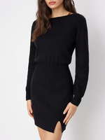 Robe pull mini en maille à manches longues Joydressing, couleur personnalisée, col bateau, manches lanternes, fente latérale, pour femme, vente en gros OEM