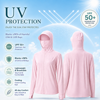 Vêtements de protection solaire personnalisés UPF50+ en tissu soie glacée léger et respirant avec masque facial et trou pour queue de cheval, fermeture éclair, chemise de protection solaire