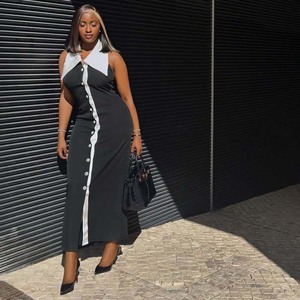 Pour <span class=keywords><strong>Amazon</strong></span> commerce extérieur <span class=keywords><strong>robe</strong></span> <span class=keywords><strong>mi</strong></span>-<span class=keywords><strong>longue</strong></span> pour grande taille femmes européennes américaines décontracté solide contraste revers simple boutonnage - Product Image 6