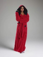 Peignoir de couple festif et chaud à capuche, rouge et noir contrastant, avec bordure en sherpa, long et moelleux, idéal pour hôtel, spa, maison, vacances, douche
