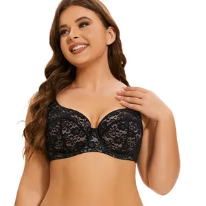 2023 Women's Plus Size Bra Full Coverage Underwire Lace Bra Lifting Unlined Bra for Heavy Breast