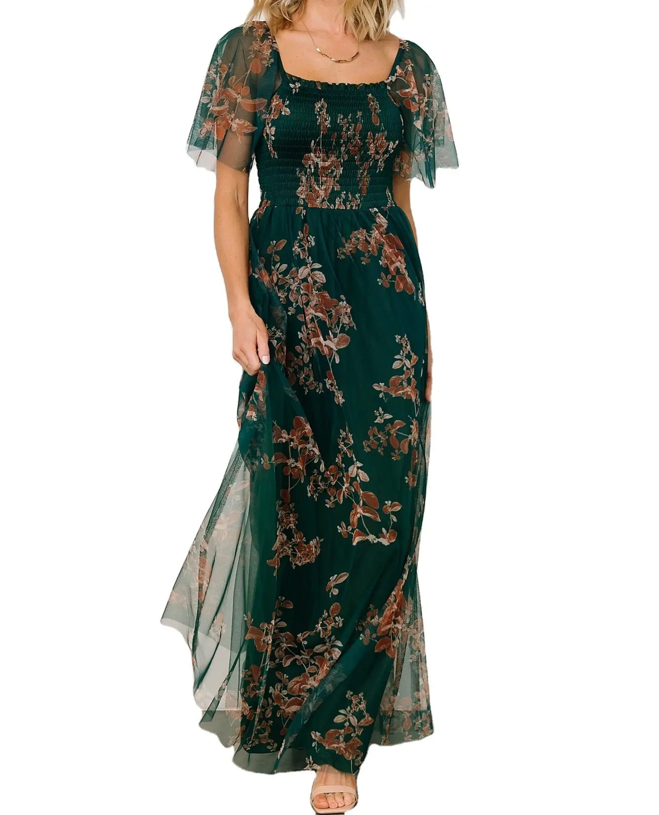 Индивидуальный дизайн, платье с поясом, курительным лифом, рукавами-крылышками, плавная юбка, квадратный вырез, ТРАПЕЦИЕВИДНОЕ Макси-платье для женщин