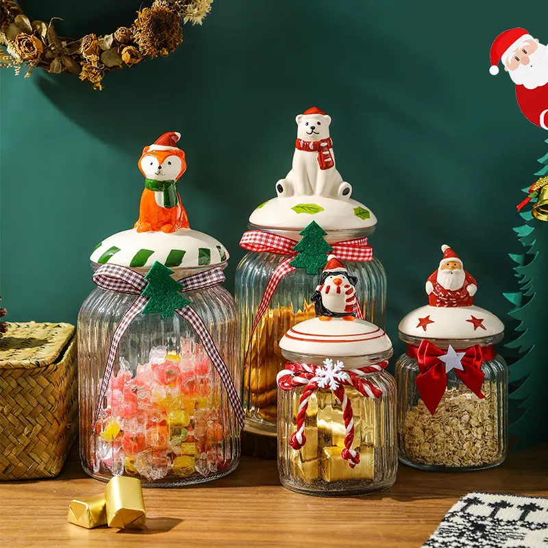 Tarro de dulces recto de boca ancha con productos ecológicos con tapa, tarro de almacenamiento para regalo de Navidad, tarro de mermelada de vidrio