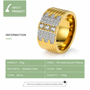Wide Stainless <b>Steel</b> Zircon Statement <b>Ring</b> with Square Stone Grid and 14K Gold Vacuum Plating - Product Image 2