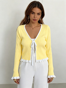 <span class=keywords><strong>Cardigan</strong></span> <span class=keywords><strong>Giallo</strong></span> Popolare con Laccetti Frontali, Stile Vintage, Antirughe, per Autunno, Feste e Occasioni Casual, con Bordo a Balze, Morbido e Caldo, in Maglia - Product Image 2