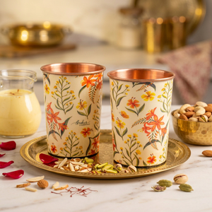AK Verre de cuivre imprimé floral en laiton dans un ensemble de 2 finis multicolores au prix de gros pour la vaisselle/ustensiles de cuisine - Product Image 2