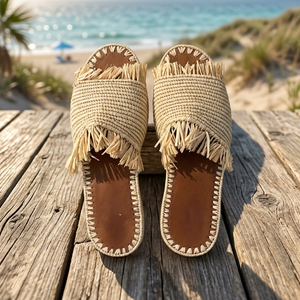 Sandalias Unisex de Rafia Tejida a Rayas, con Decoración Bordada, Punta Abierta, Transpirables, para Todas las Temporadas, de Verano, para Exteriores, de Cuero Genuino - Product Image 4