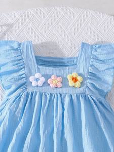 Nuovo Completo Estivo in Cotone per Bambine, Set Due Pezzi <span class=keywords><strong>Blu</strong></span> con Maniche a Sbuffo, Top e Pantaloncini Tinta Unita Casual per Bambini - Product Image 2