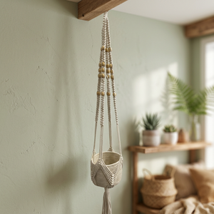 Support de plante en macramé bohème en coton, fait main, avec perles en bois et pompon, pour pot de fleurs, idéal pour salon, jardin intérieur, ou cadeau de pendaison de crémaillère - Product Image 2