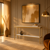 Table console de rangement haut de gamme moderne avec cadre en acier inoxydable brossé et plateau en verre transparent pour salon, salle à manger, appartement, maison