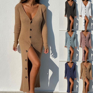 High Quality Autumn Winter Women's Loose Fit Long Sleeve Cardigan <strong>Dress</strong> Sexy V Neck Button Knitted Sweater <strong>Dress</strong> - Product Image 1