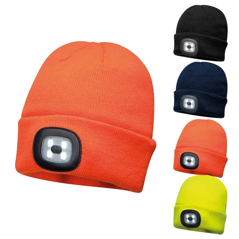 Topi Beanie rajut LED populer dengan Logo kustom topi Beanie musim dingin Pom tebal dengan lampu topi Beanie akrilik kosong uniseks