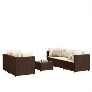 Conjunto de Muebles de Jardín de Ratán Marrón de 5 Piezas, Muebles de Patio para Exteriores, Sofá, Silla y Mesa de Mimbre Resistentes a la Intemperie - Product Image 1