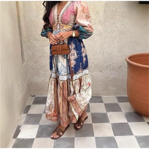 Retro Print Ethnic Style Long Puff Sleeve Women's Vacation <b>Dress</b> V Neck <b>Elastic</b> Waist Polyester Fiber Casual <b>Dress</b> - Product Image 3