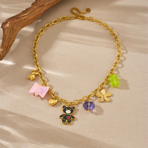 Cartoon Multi Element Gold Plated <b>Bear</b> <b>Flower</b> Heart Pendant Metal Chain Necklace Gift Jewelry - Product Image 3