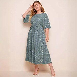 New Arrived Golden Line Lattice <strong>Blue</strong> Color Waist Belt Plus Size Women's Long Casual <strong>Dresses</strong> - Product Image 2