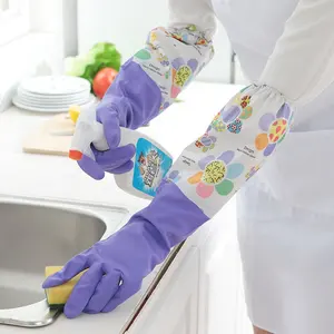 Rubber Cleaning Dishwashing Cotton Flocked Liner Long Cuff Non-Slip Latex Washing Gloves