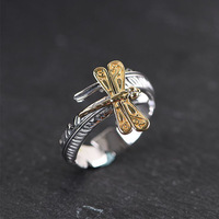 Bague élégante vintage en plumes avec libellule dorée, style thaïlandais distinctif en argent, pour femme