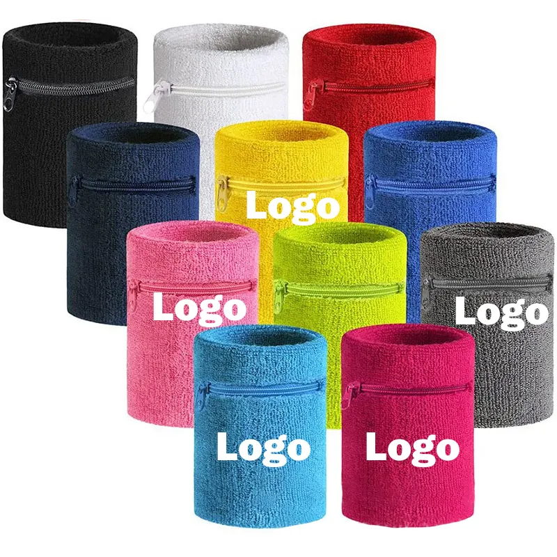 Wholesale Zipper Wrist Support Terry Cotton Gym Sweatband Hand Sweat Absorber Wristband Custom Logo