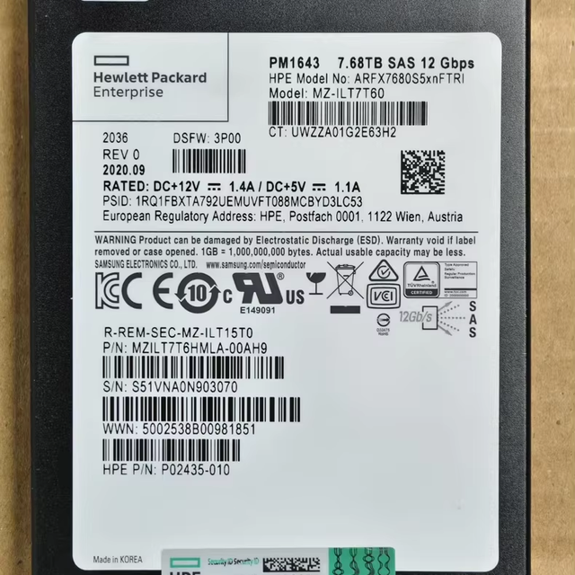 For Samsung PM1643 7.68TB SAS SSD 2.5inch 12Gbps MZ-ILT7T60 Enterprise Solid State Drive P02435-010 MZILT7T6HMLA-00AH9 SSD