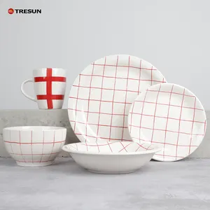 2024 new arrival design dishwasher safe microwave red plaid 16 pcs pad printing stoneware dishes and plates set