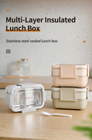 Boîte à bento empilable à 2 niveaux en acier inoxydable 304, étanche, double couche, avec couvercle transparent, sans BPA